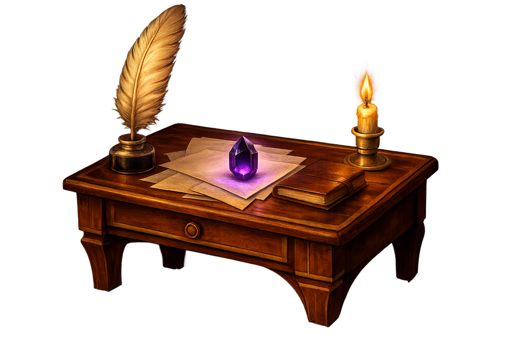 A mahogany writing desk with quill, ink pot, drafts, a lit candle and a small glowing gem resting on the papers