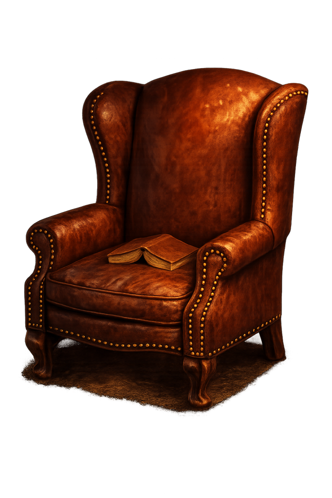 A worn leather reading chair, a book left face-down on the seat, caught in a shaft of golden light
