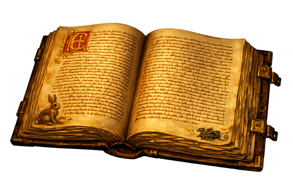 An open illuminated manuscript, margins alive with small bestiary creatures