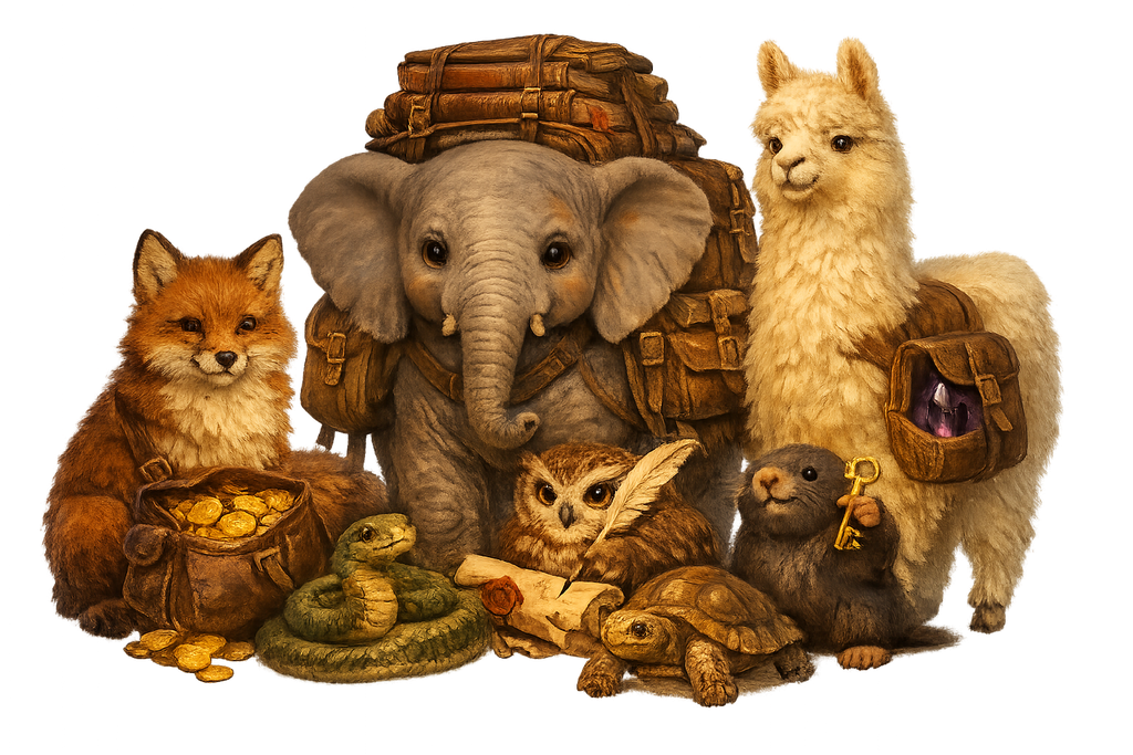 A menagerie of working companions ready to set off — a fox guarding a satchel of gold coins, an owl scribing a sealed letter, an elephant saddled with strapped-down books, a llama bearing a glowing obsidian gem, and a mole holding up a golden key — gathered like a crew at the start of a job