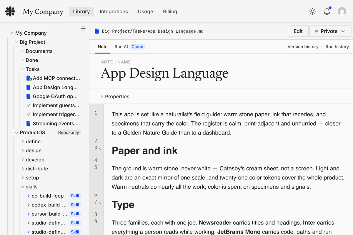 Your library — notes, prompts and skills, kept as files you own